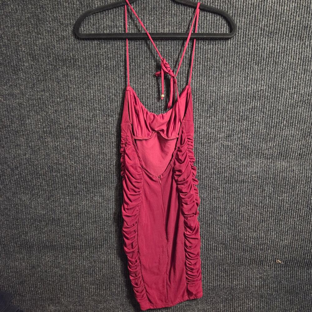 Angel Biba Burgundy Wine Ruched Bodycon Mini Dress Open Tie Back Womens Small  S